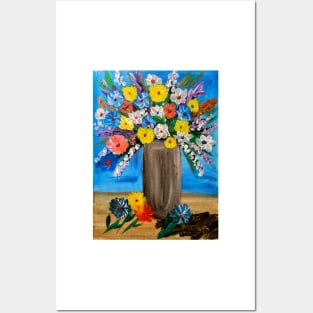 Some abstract mixed flowers in a metallic vase Posters and Art
